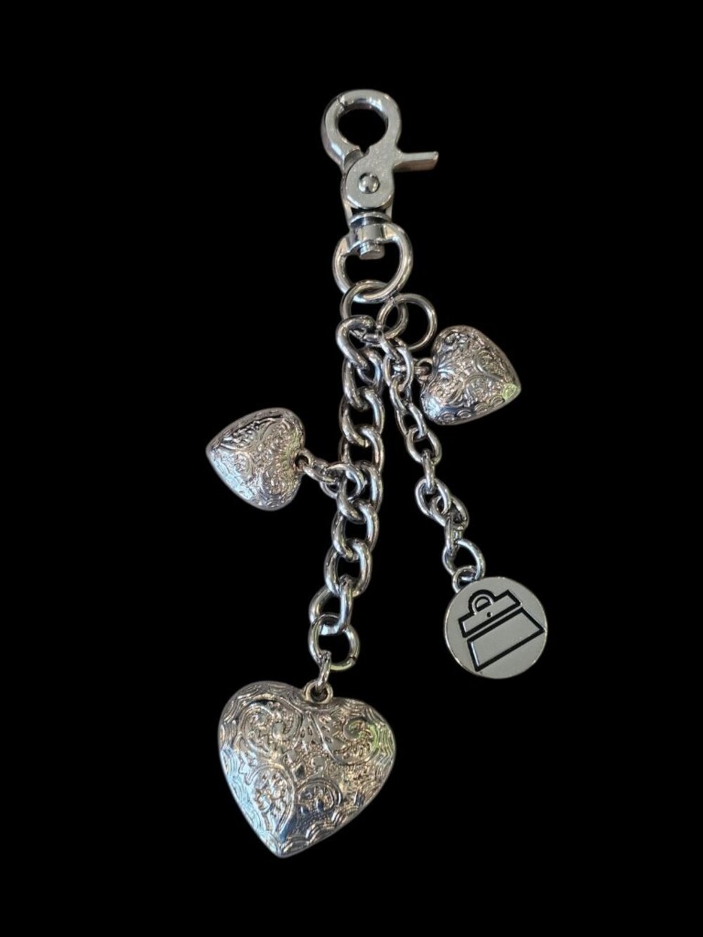 Y2K Kathy Van Zeeland Silver Tone Heart Charm Keychain Key Ring Purse Bag Charm
